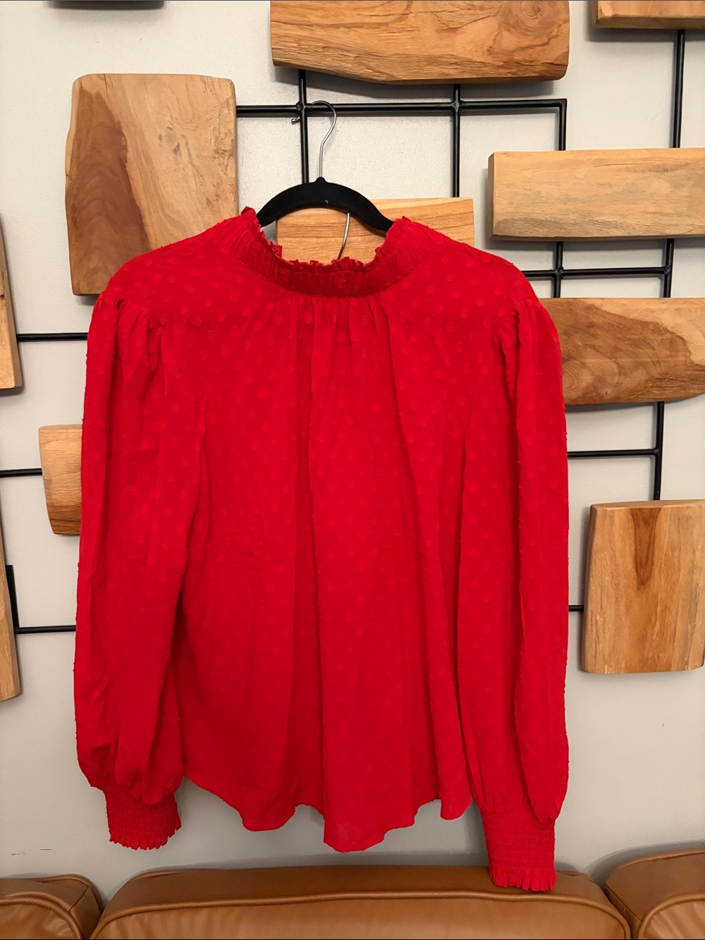 LOFT Red Textured Smocked-Neck Long Sleeve Blouse